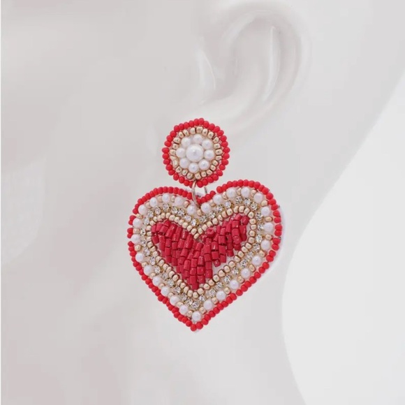 Red Heart Beaded and Rhinestone Earrings - Picture 2 of 2